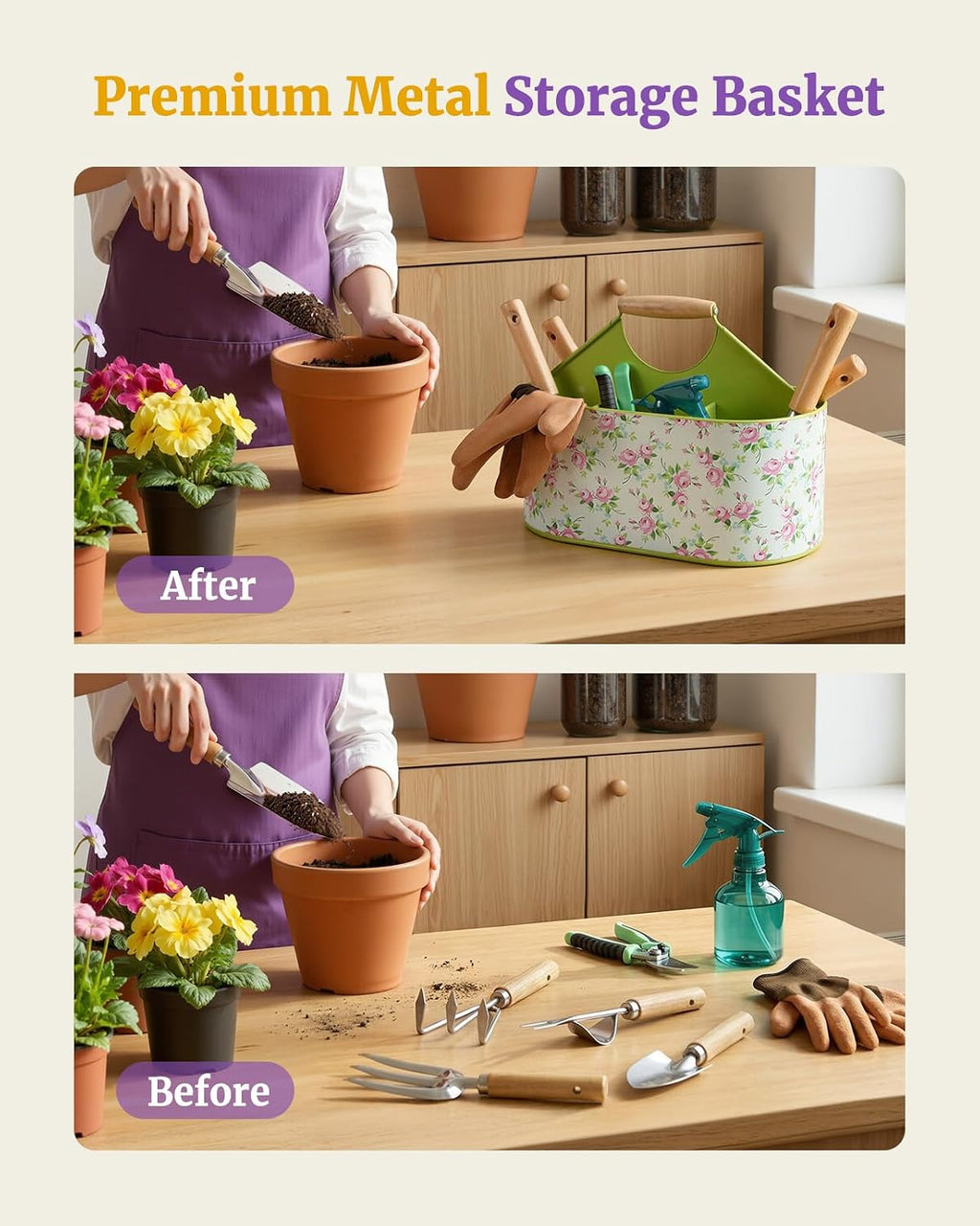 9Pcs Garden Tool Set with Stainless Steel Tools&Metal Basket, Pink | 5 Wood Handles, Rust Resistant, 4 Compartment