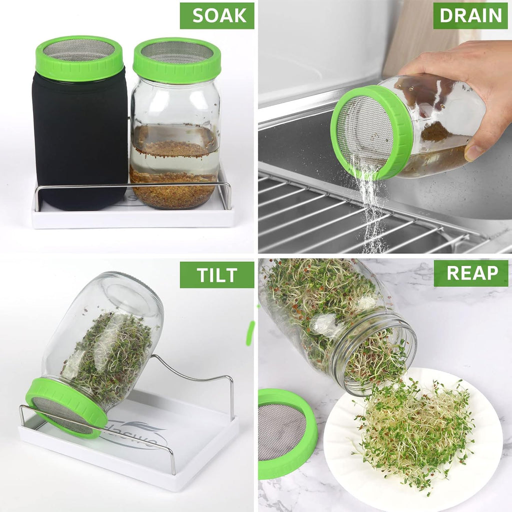 Seed Sprouting Jar Kit with Wide Mouth Mason Jars, Premium Stainless Steel Screen Sprout Lids, Blackout Sleeves, Tray