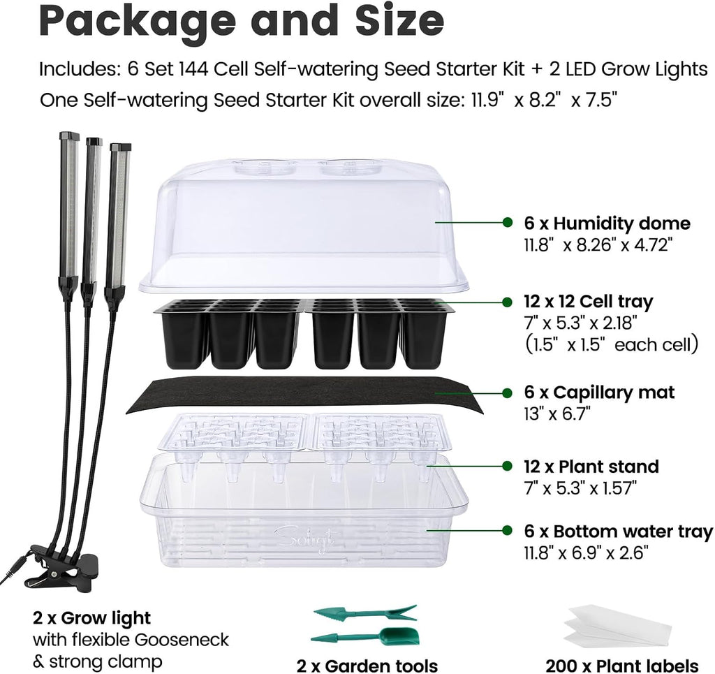 SOLIGT 144 Cell Self Watering Seed Starter Trays with 2 Grow Lights | 6 Seed Starter Kit with Humidity Domes, Full
