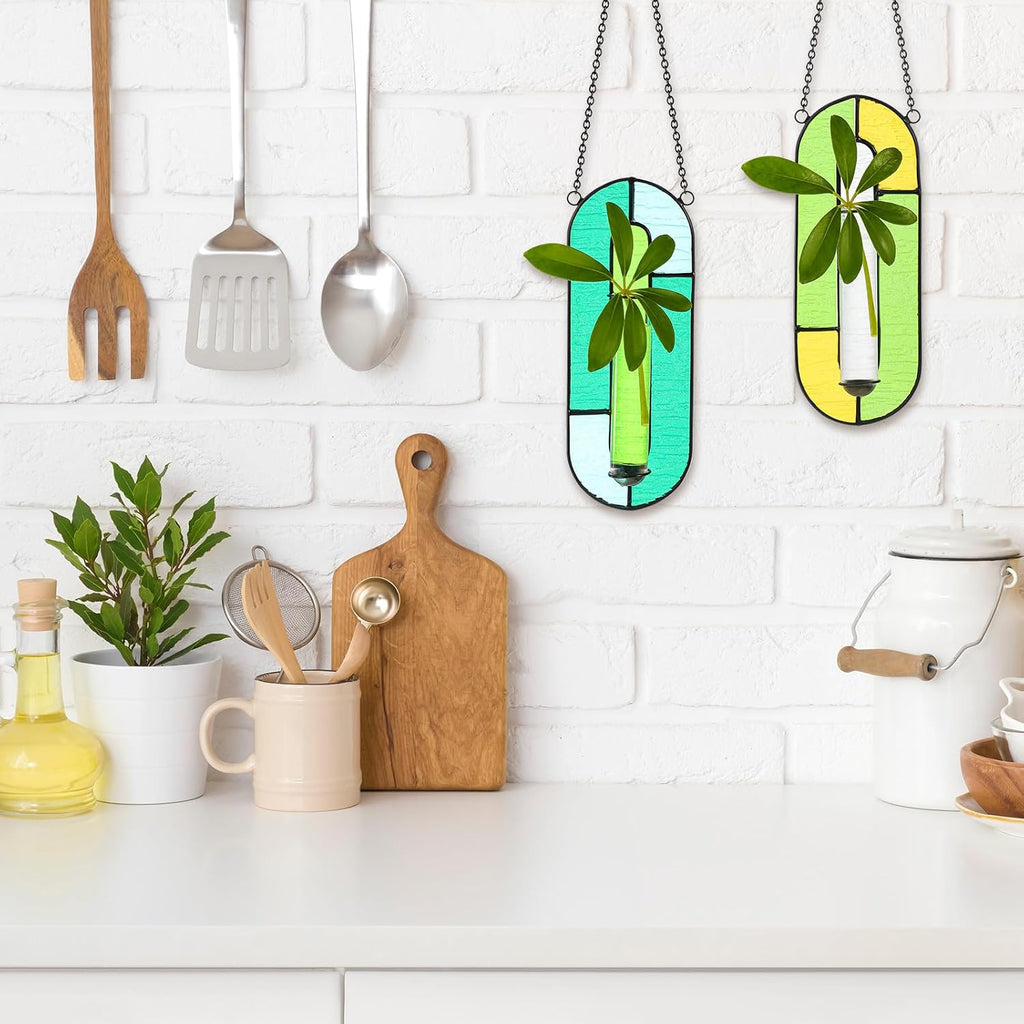 2 Sets Stained Glass Window Hanging Propagation Window Propagation Stations Planters with Glass Tubes and Chain