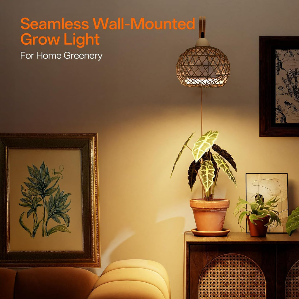 Hanging Grow Lights for Indoor Plants,3800K | 18W Wall-Mounted Decorative Grow Light with Boho Rattan Lantern Shade