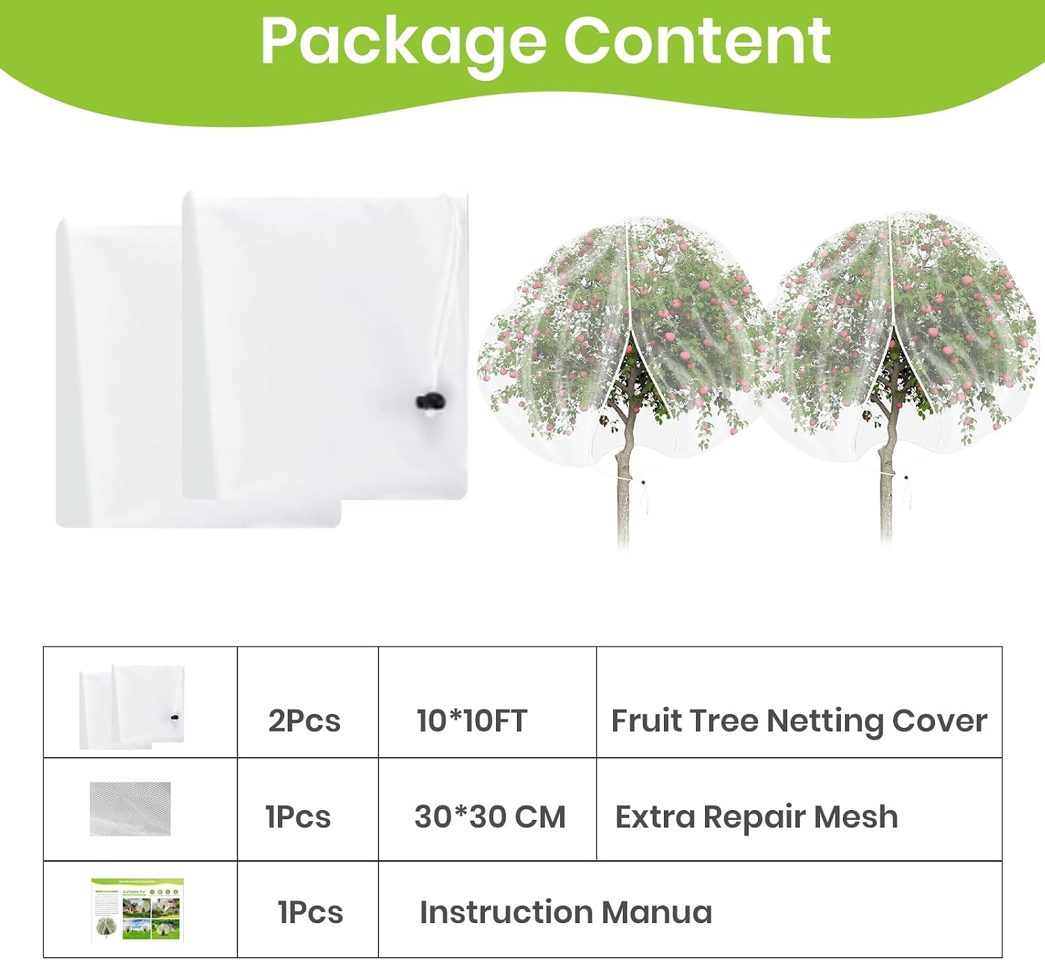 2Pcs Large 10x10FT Fruit Tree Netting with Zipper, Drawstring - Mesh Bags Covers for Garden Protection - Insect Bird