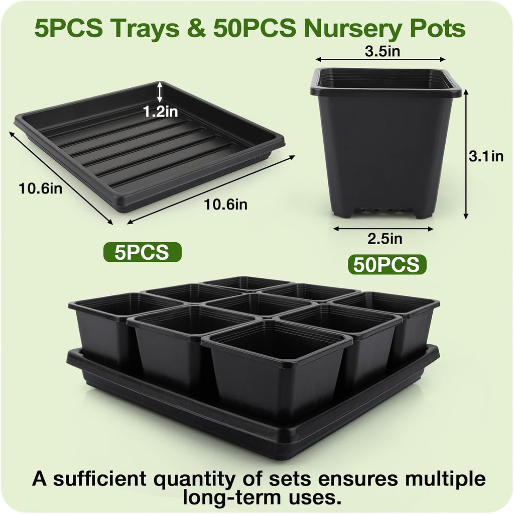 50Pcs 3.5inch Square Nursery Pots with 5Pcs Seed Starting Trays, Seed Starter Tray Kit, Seeds Starting Germination