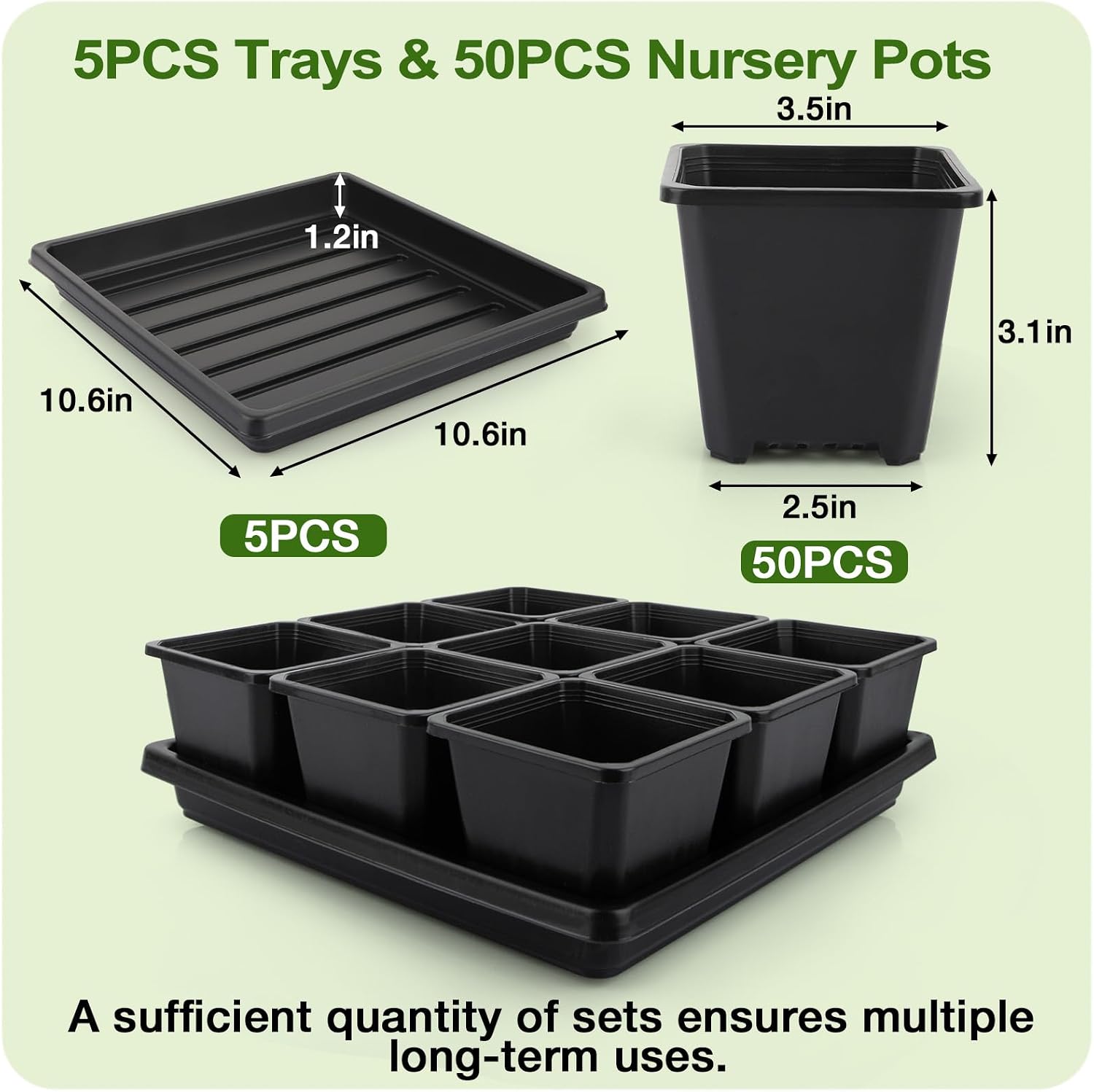 50Pcs 3.5inch Square Nursery Pots with 5Pcs Seed Starting Trays, Seed Starter Tray Kit, Seeds Starting Germination