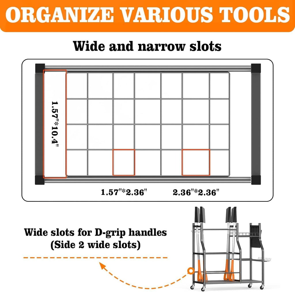 36" Large Garden Tool Organizer with Wheels & Side Tool Bag, 3 Tier Rolling Garage Storage Rack for Long Handled Rakes