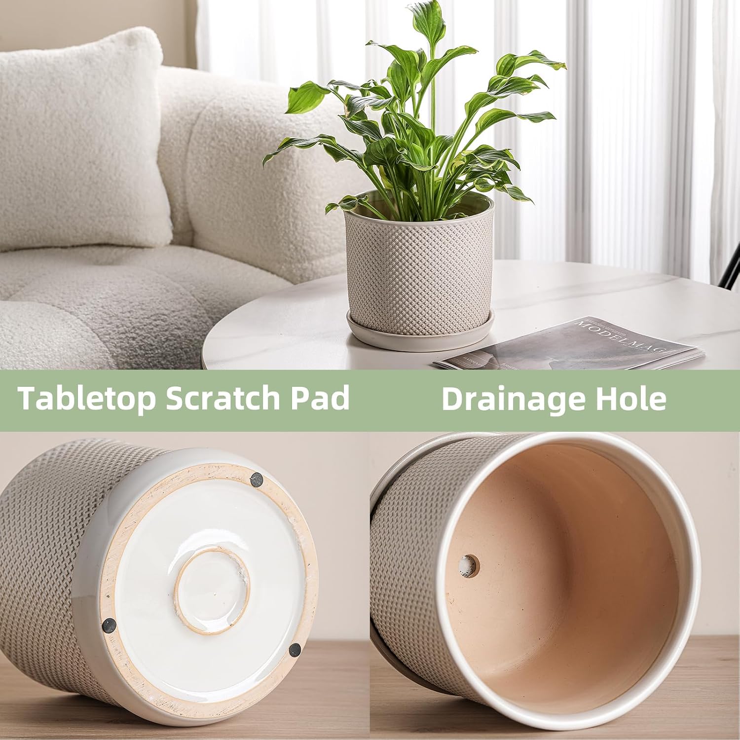 8 Inch Plant Pot: Ceramic Planter with Drainage Hole & Saucer Indoor Outdoor Plants - Flowerpot with Bonded Tray for