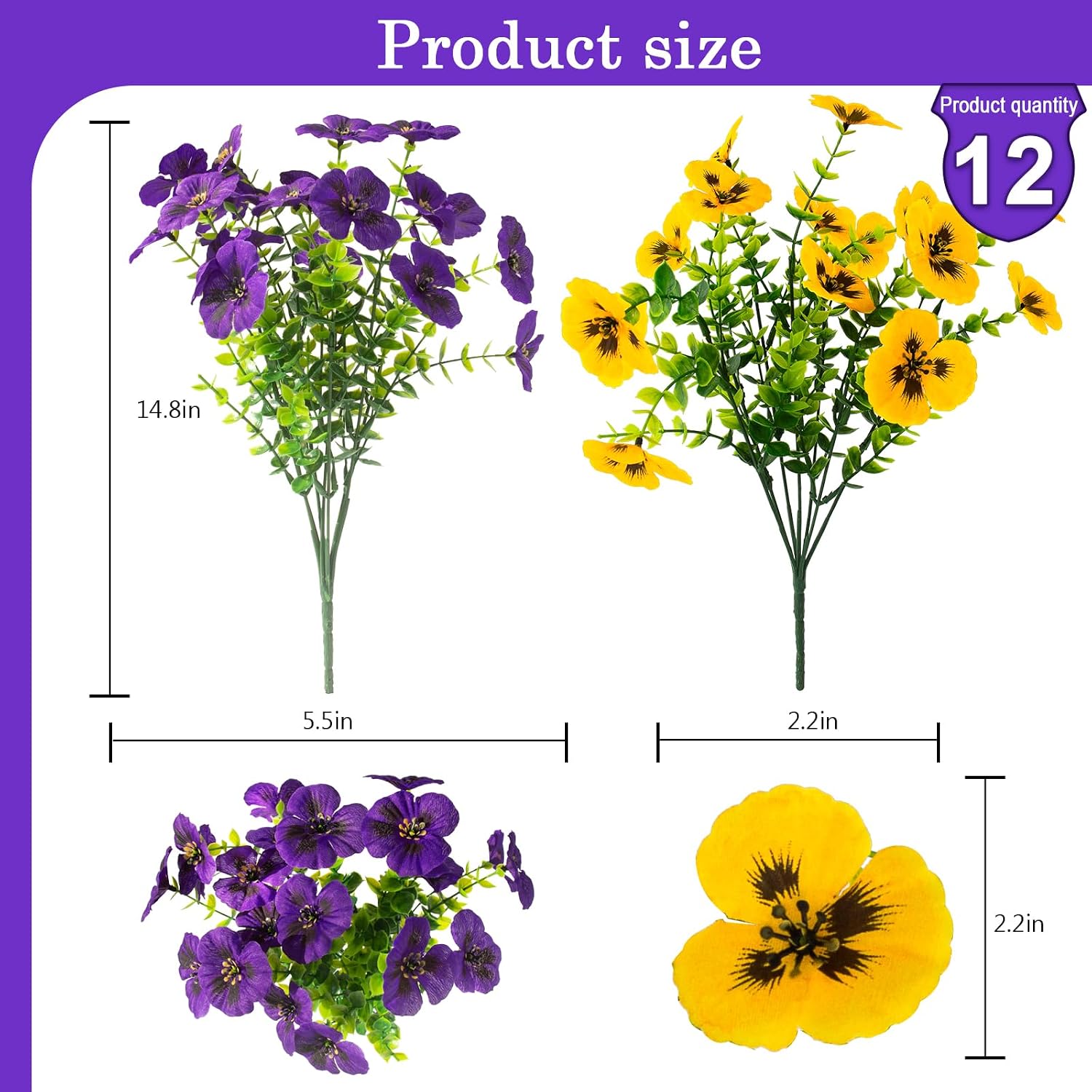 lovemoon 2 Sets Artificial Hanging Flowers with Baskets, 24 Pcs UV Resistant Faux Silk Pansies Outdoor Flower Pots for