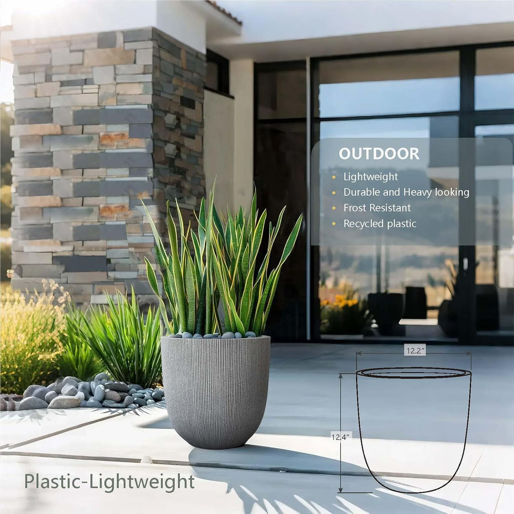 12.4"H Tapered Ribbed Lightweight Plastic Planter w/ Drainage Hole & Plug | Durable & Weatherproof, Indoor Outdoor Use