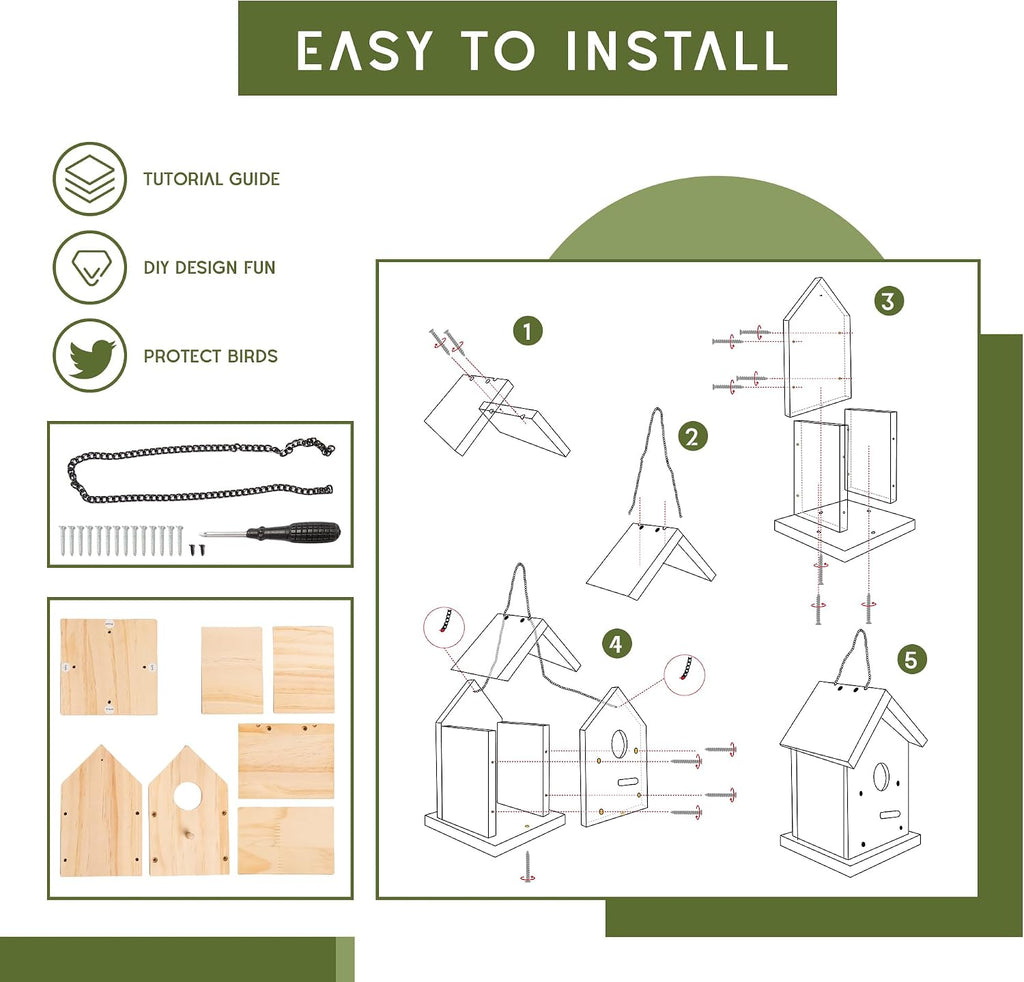 HPC Decor 2 Pack Bird Houses for Outside w/Chain,Natural Wooden Birdhouses Kit for Outdoors w/Predator Guard,Hanging