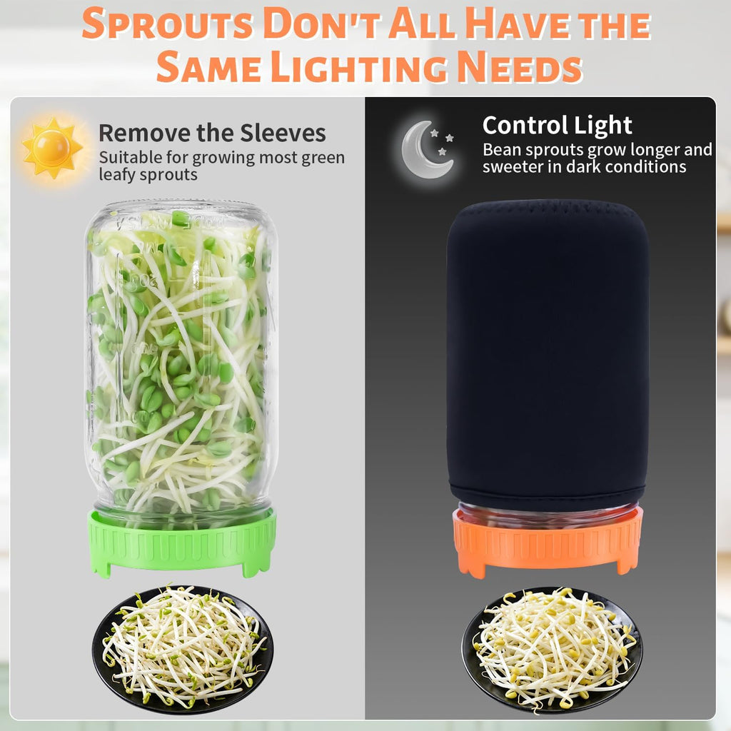 Seed Sprouting Jar Kit with Mung Beans 2.9oz, 2 Wide Mouth Mason Jars with Sprouting Lids, Drain Tray Blackout Sleeves