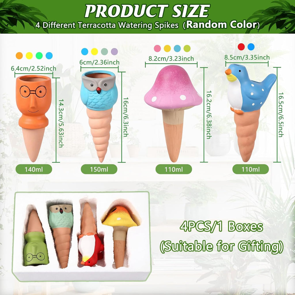 4 Pack Terracotta Plant Watering Devices, Self Watering Spikes, Mushroom, Bird, Head, Owl-Shaped, Automatic Insert