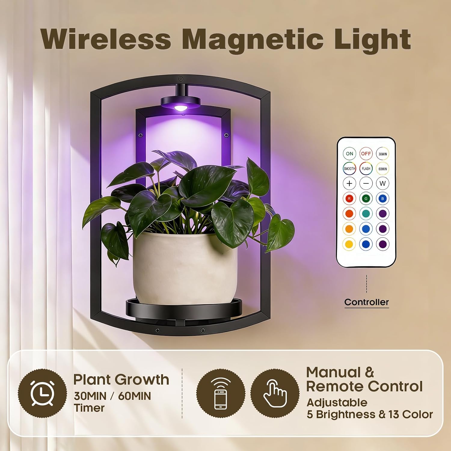Aisdan Wall Plant Holder, Wall Planters for Indoor Plants with Wireless Remote Lights, Frame Plant Wall Shelves Wall