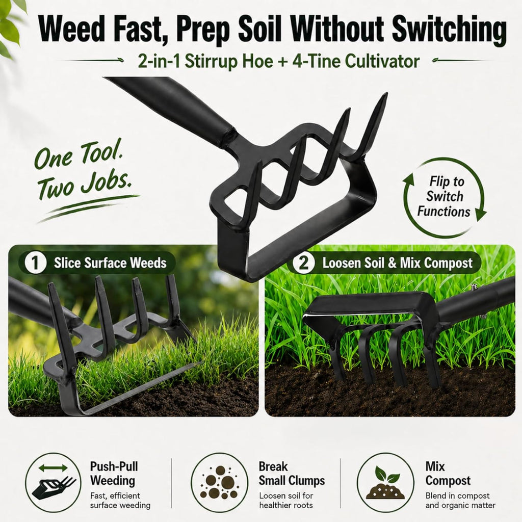 Garden Hoe with Cultivator Rake, 2-in-1 Heavy Duty Action Stirrup Hoe with Sharp Blade,60" Adjustable Long Handle Loop