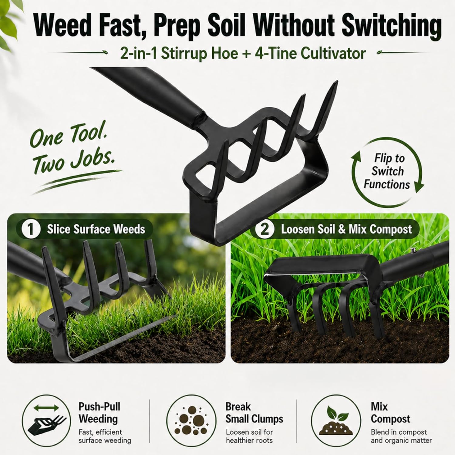 Garden Hoe with Cultivator Rake, 2-in-1 Heavy Duty Action Stirrup Hoe with Sharp Blade,60" Adjustable Long Handle Loop