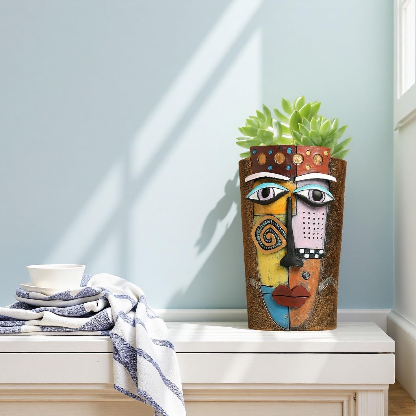 Picasso Abstract Face Flower Pot,Plant Pot with Facial Expressions,Handmade Resin Plant Pot with Drainage Holes,for