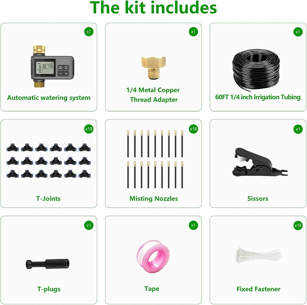 60FT Drip Irrigation System with Smart Water Timer | Brass Connectors, 360° Adjustable Nozzles and Bendable Tubing for