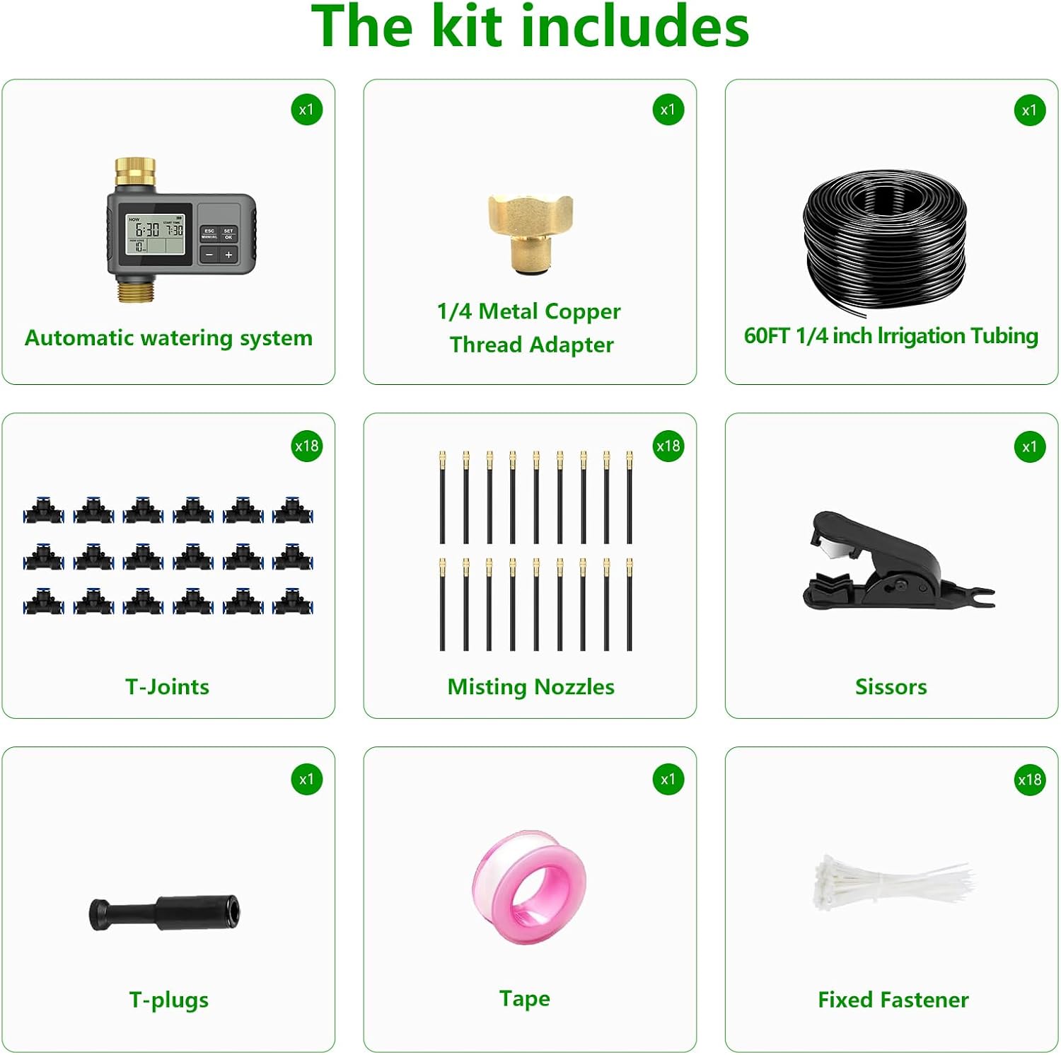 60FT Drip Irrigation System with Smart Water Timer | Brass Connectors, 360° Adjustable Nozzles and Bendable Tubing for