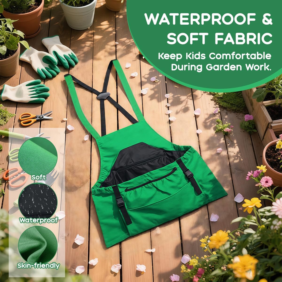 Kids Gardening Apron,Canvas Garden Apron with Pockets and Harvesting Pouch for 6-12 Grils and Boys
