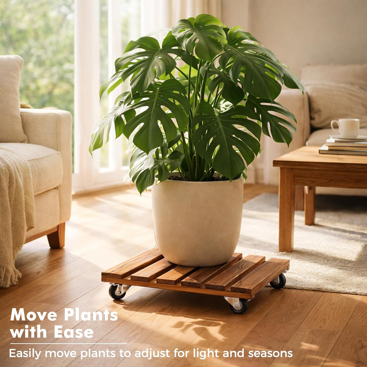 12 Inch Plant Caddy with Wheels, 4 Pack Rolling Plant Stand Rollers with Casters Wooden Plant Dolly with Wheels Heavy