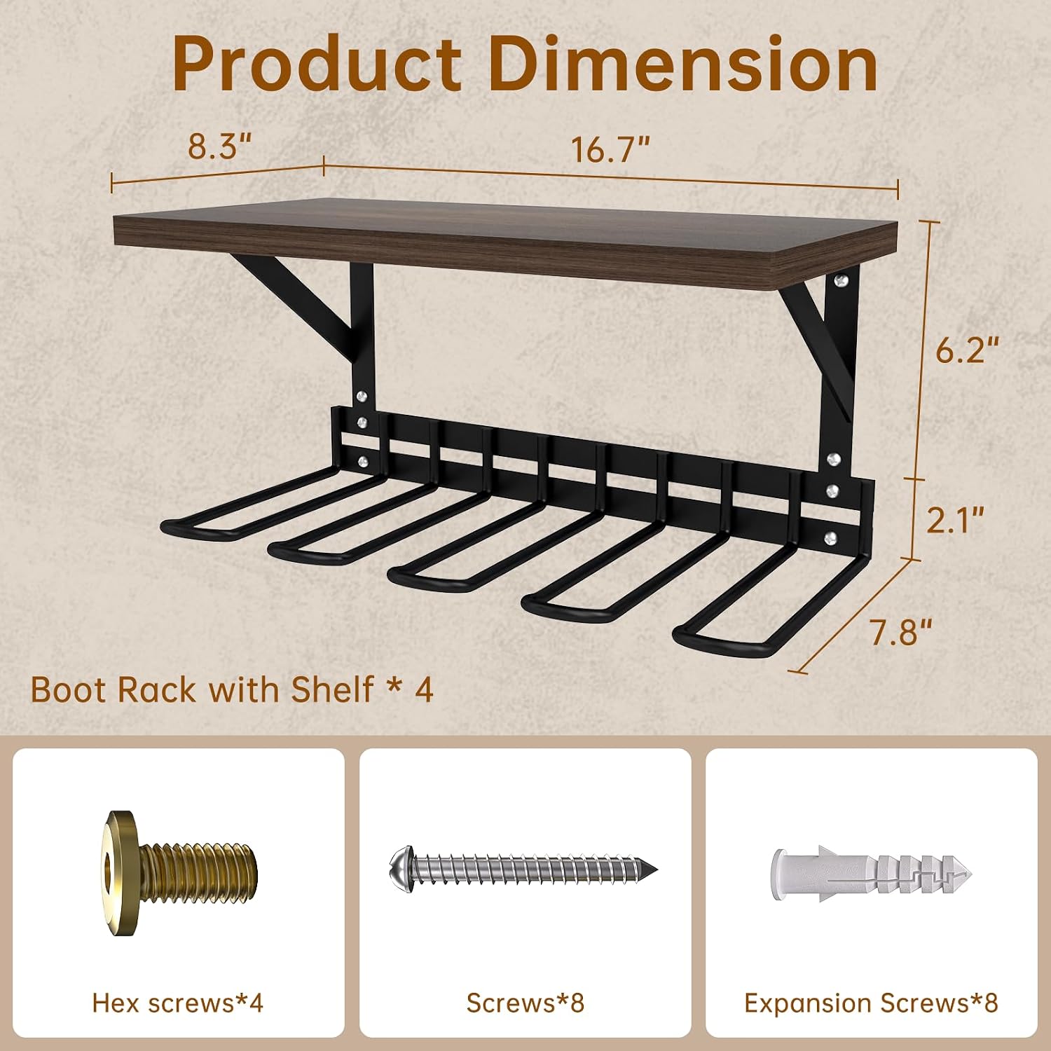 Wall Mount Boot Rack, Garden Tool Organizer With Curved Hooks & Wood Shelf, | Heavy Duty Wader Boot Hangers Organizer