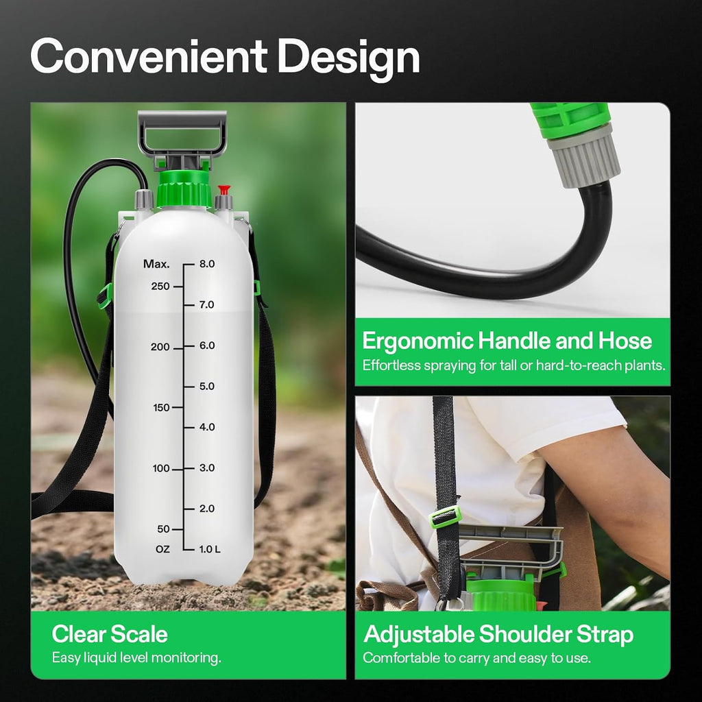 VIVOSUN 2.1 Gal/8L Pump Sprayer, Garden Water Sprayer | for Plants, Weeds & Lawn Care, with 3 Nozzles, 50'' Long Hose &