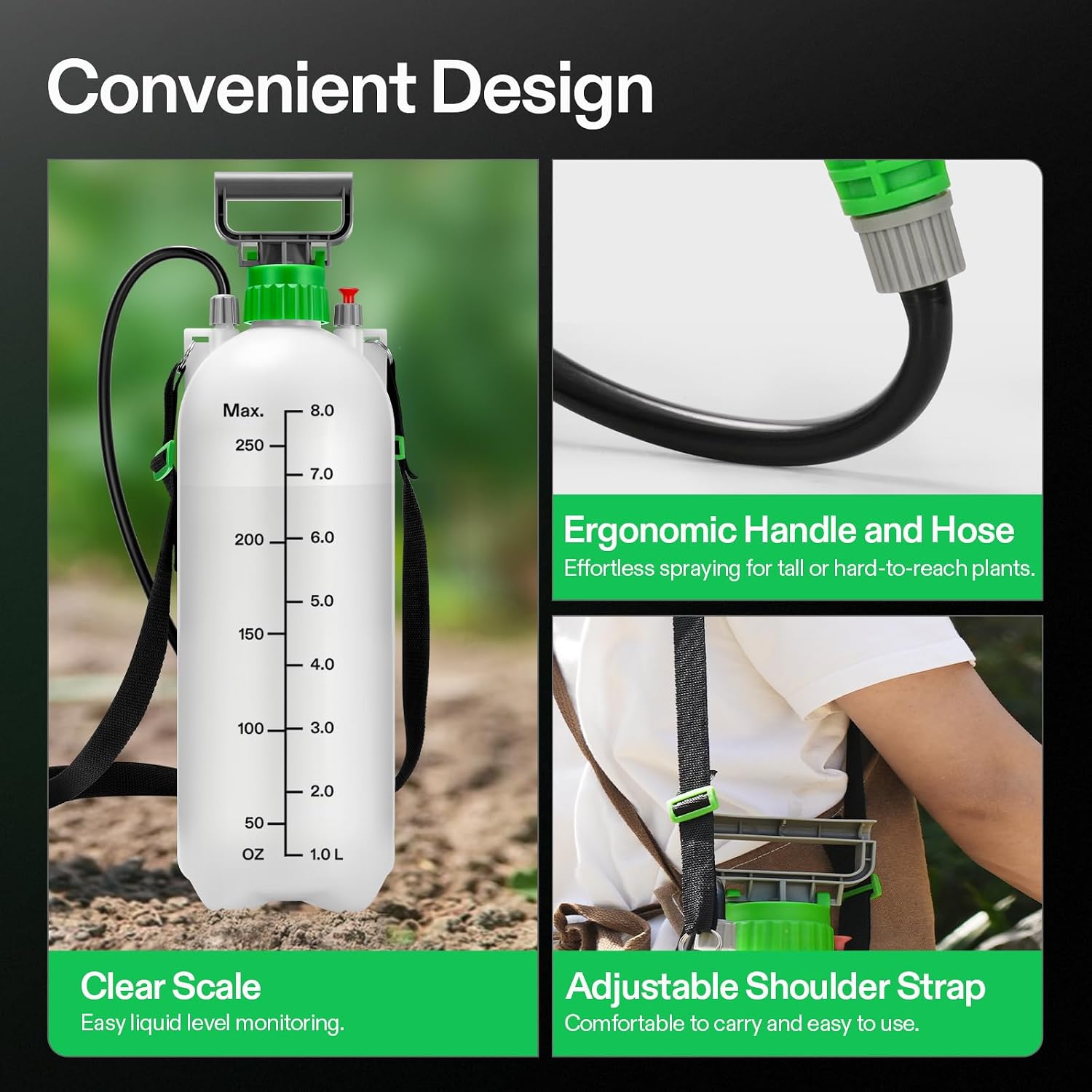 VIVOSUN 2.1 Gal/8L Pump Sprayer, Garden Water Sprayer | for Plants, Weeds & Lawn Care, with 3 Nozzles, 50'' Long Hose &