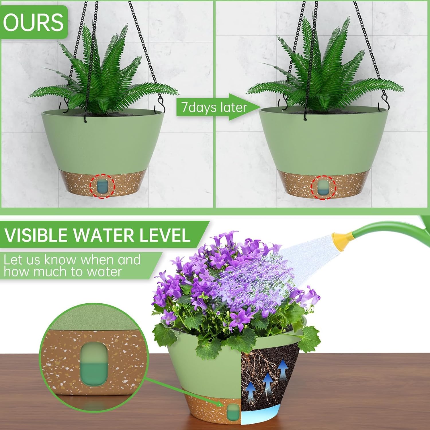 ZMTECH 2 Pack 10 Inch Hanging Baskets for Plants Outdoor Indoor, Modern Green Planters with Water Level Window & Metal