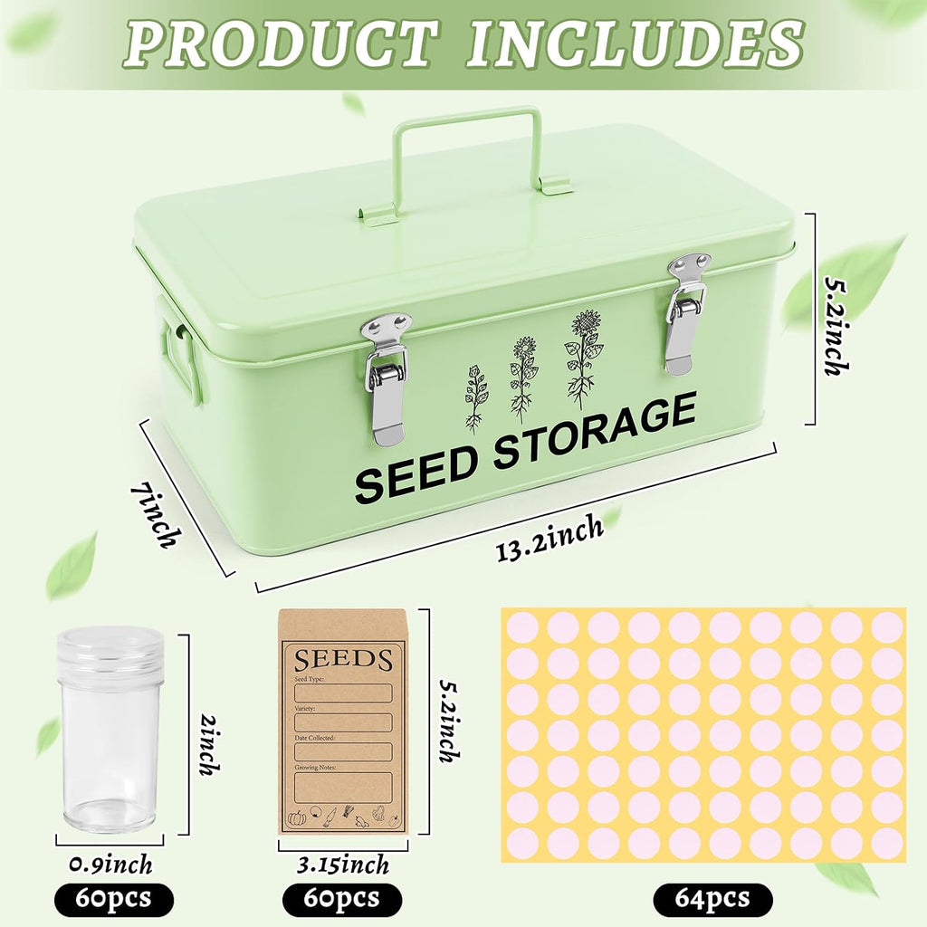 60 Slots Seed Storage Organizer, Metal Seed Box with Lid and Safety Locks | Bamboo, Strong Seal, Completely Blocks