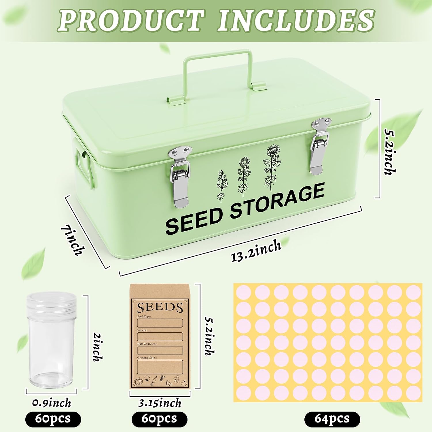 60 Slots Seed Storage Organizer, Metal Seed Box with Lid and Safety Locks | Bamboo, Strong Seal, Completely Blocks