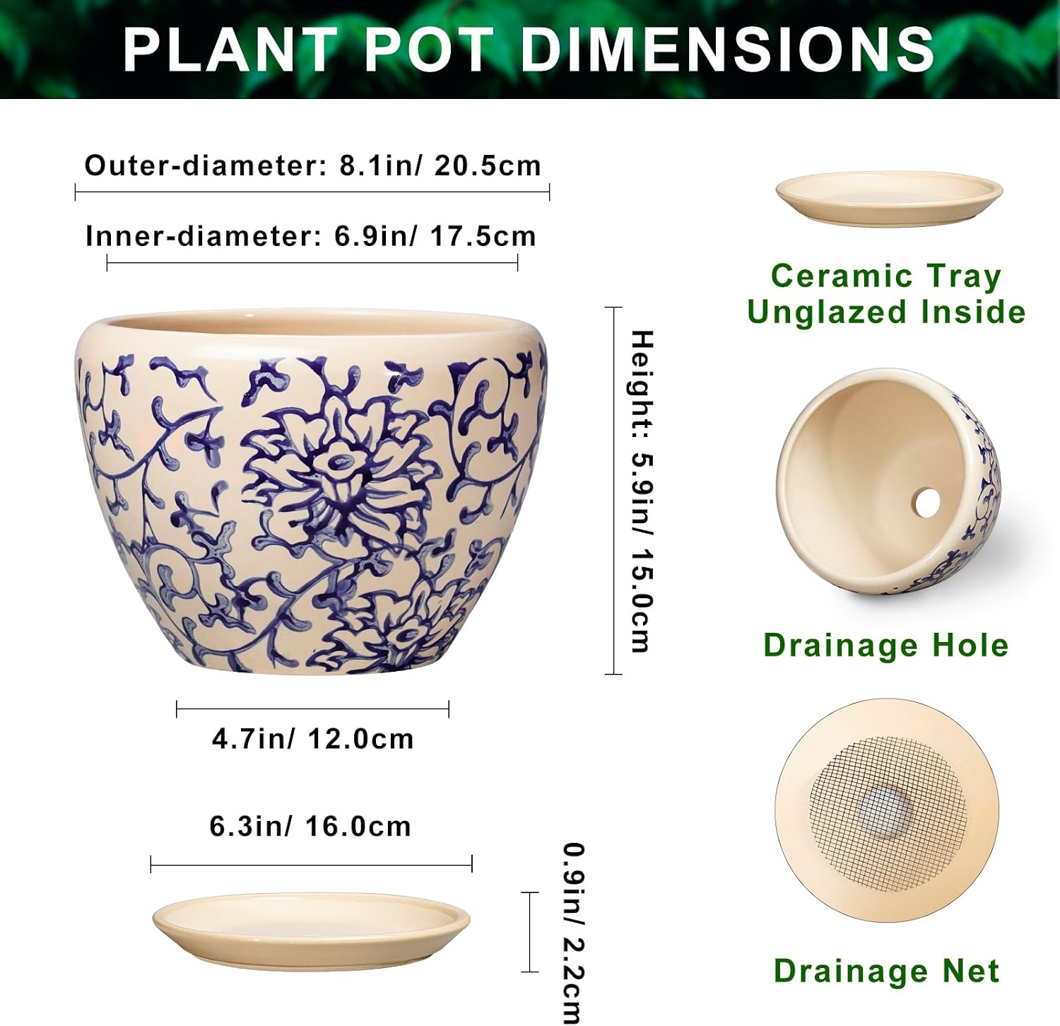 Ceramic Pots for Plants - 8 Inch Plant Pot with Drainage Hole and Saucer, Modern Flower Pots for Indoor Outdoor Plants