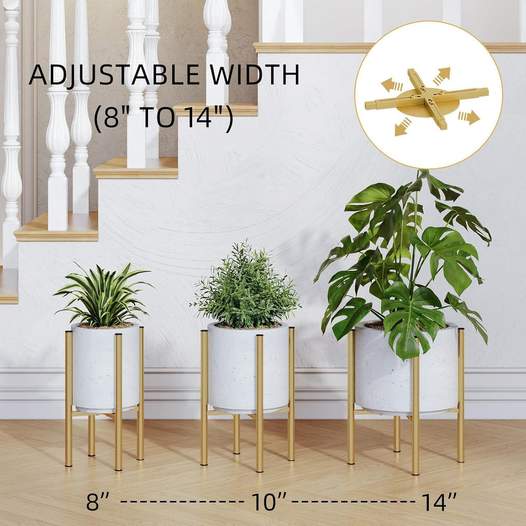 Adjustable Metal Plant Stand Indoor, Fits 8-14 Inch Pots, Mid Century Modern Gold Planter Holder,2 Heights, Heavy Duty