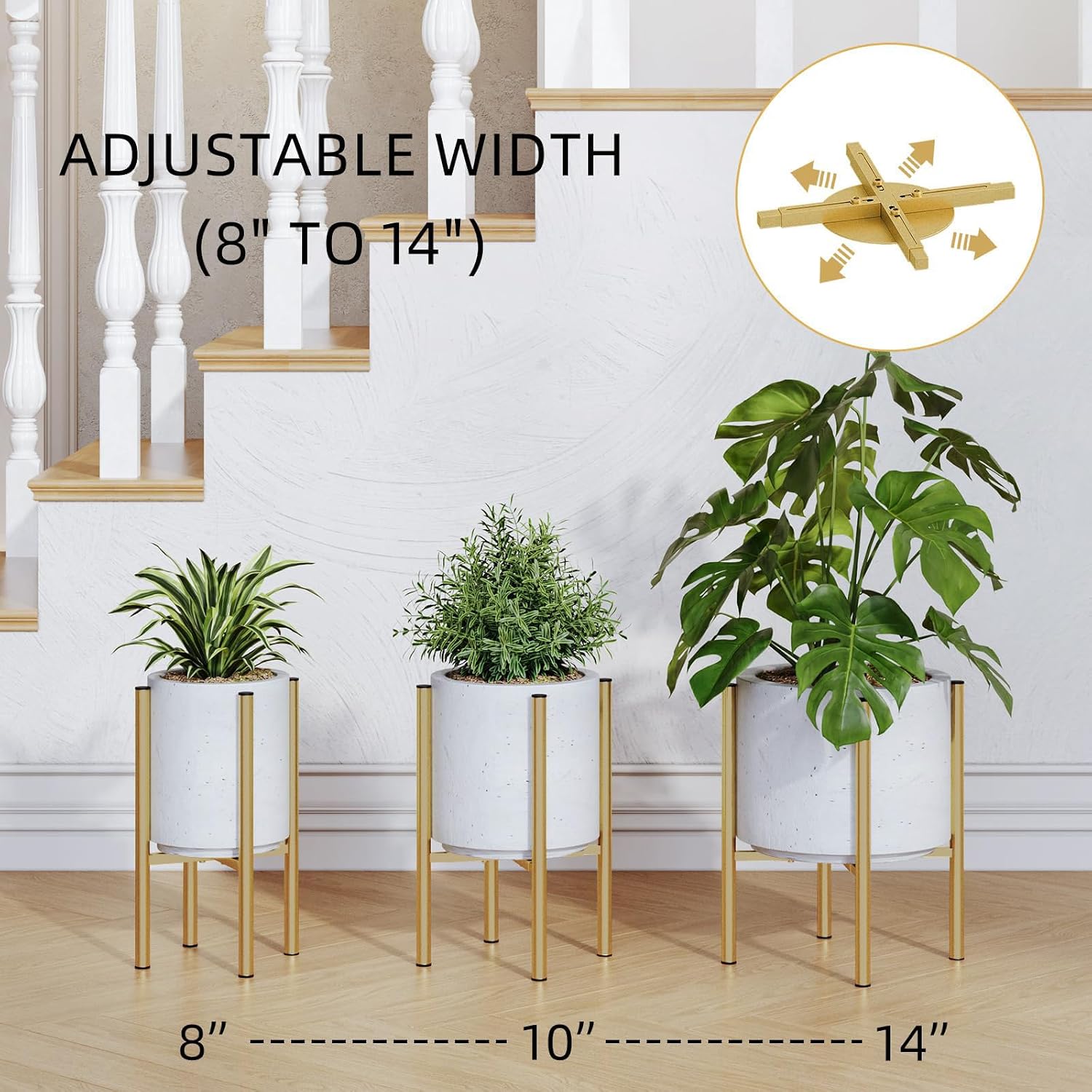 Adjustable Metal Plant Stand Indoor, Fits 8-14 Inch Pots, Mid Century Modern Gold Planter Holder,2 Heights, Heavy Duty