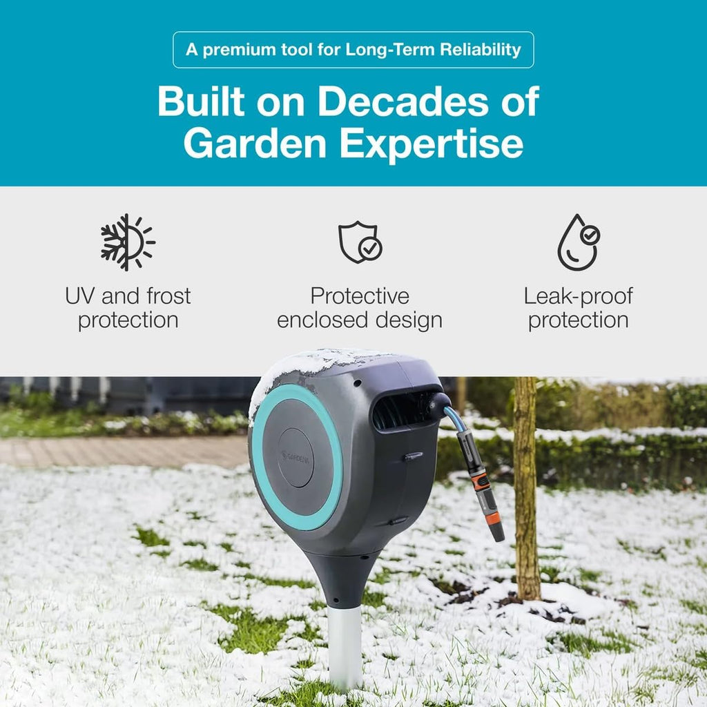 GARDENA Automatic Retractable Garden Hose Reel - 66 Feet - 360 Degree Swivel Outdoor Hose Reel with Metal Spike Base