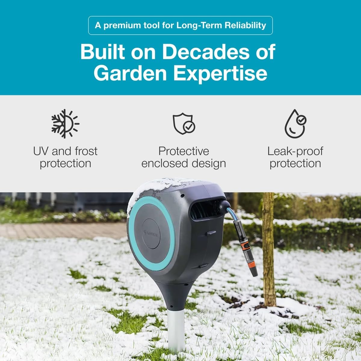 GARDENA Automatic Retractable Garden Hose Reel - 66 Feet - 360 Degree Swivel Outdoor Hose Reel with Metal Spike Base