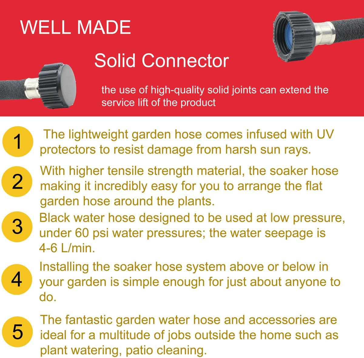 Garden Soaker Hose 100ft 1/2" Short Rubber Drip Hoses Soaking, Heavy Duty Round Water Seeper Soaker Hoses Kit For Trees