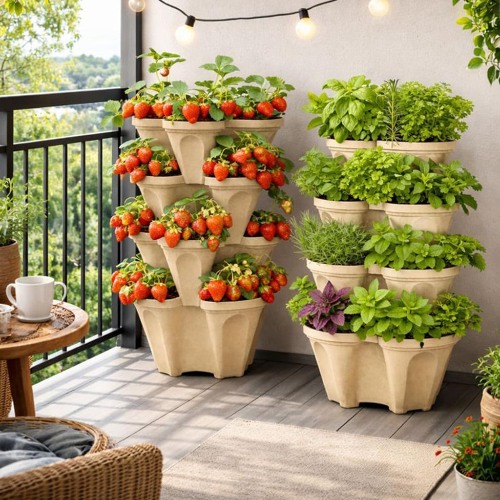 Stackable Vertical Planter Tower, 4 Tier Strawberry Planter,16 Plant Sites, Space Saving Garden Planter for Vegetables