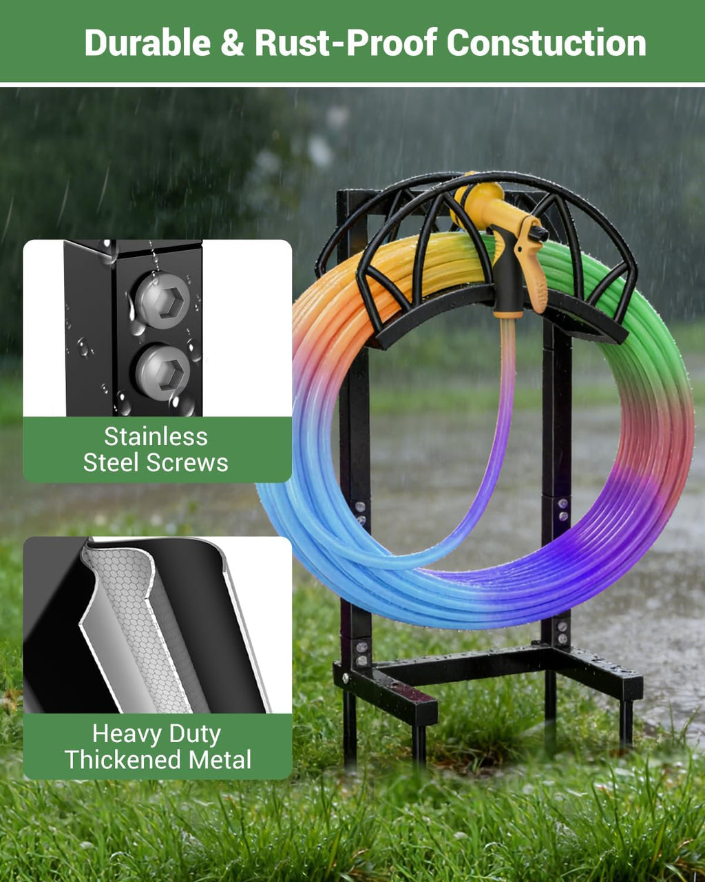 Garden Hose Holder, Freestanding Water Hose Reel Stand, Holds 160 FT, Black | Heavy Duty Detachable Hose Storage Rack