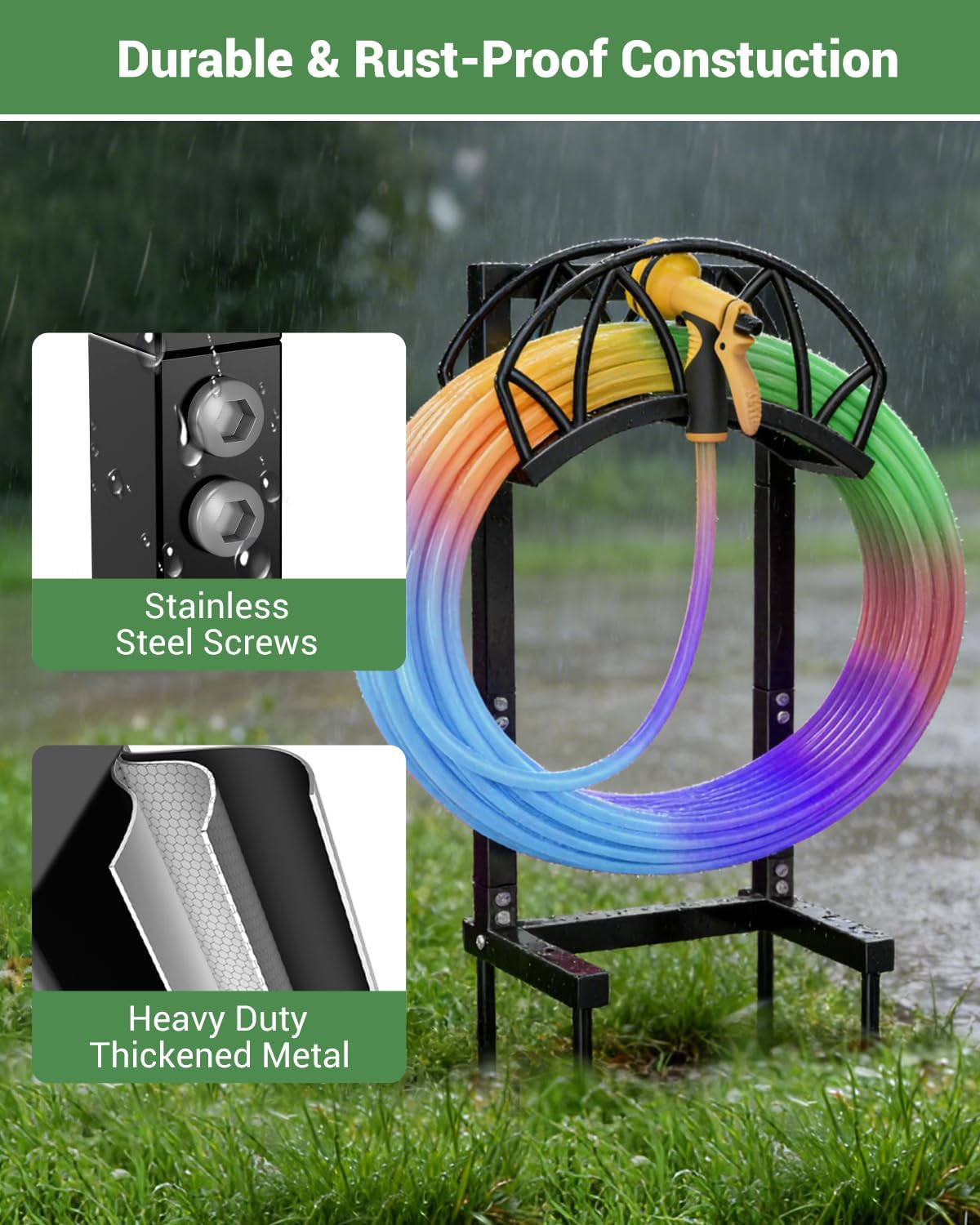 Garden Hose Holder, Freestanding Water Hose Reel Stand, Holds 160 FT, Black | Heavy Duty Detachable Hose Storage Rack