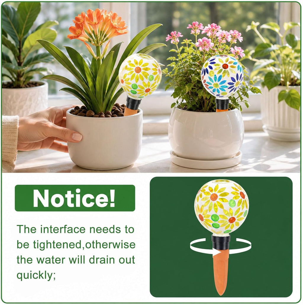 2 PCS Mosaic Plant Watering Globes with Terracotta Watering Spikes, 17oz Glass Self Watering Globes for Indoor &
