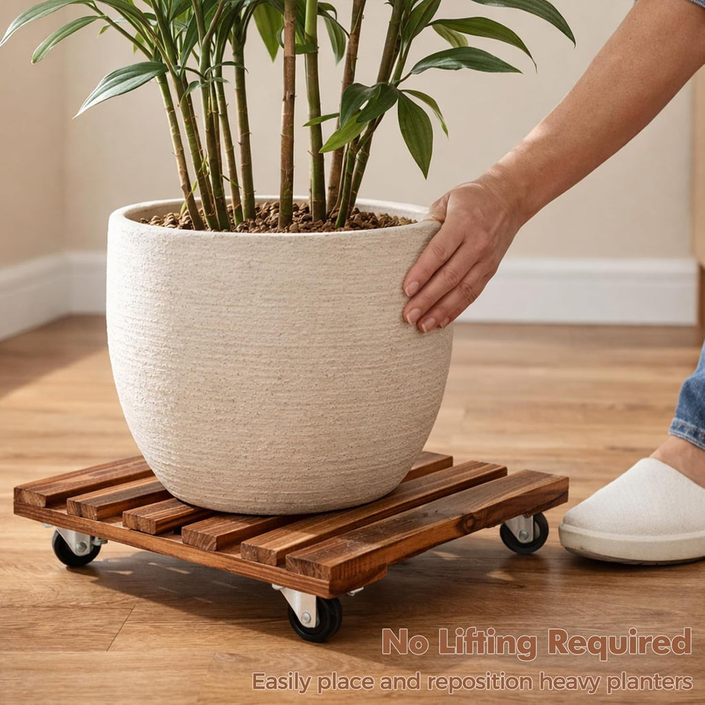 12 Inch Plant Caddy with Wheels, 4 Pack Rolling Plant Stand Rollers with Casters Wooden Plant Dolly with Wheels Heavy