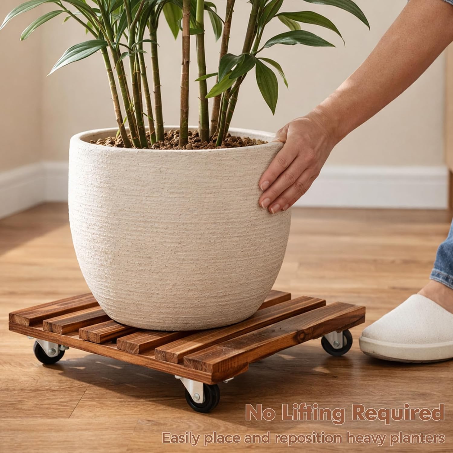 12 Inch Plant Caddy with Wheels, 4 Pack Rolling Plant Stand Rollers with Casters Wooden Plant Dolly with Wheels Heavy