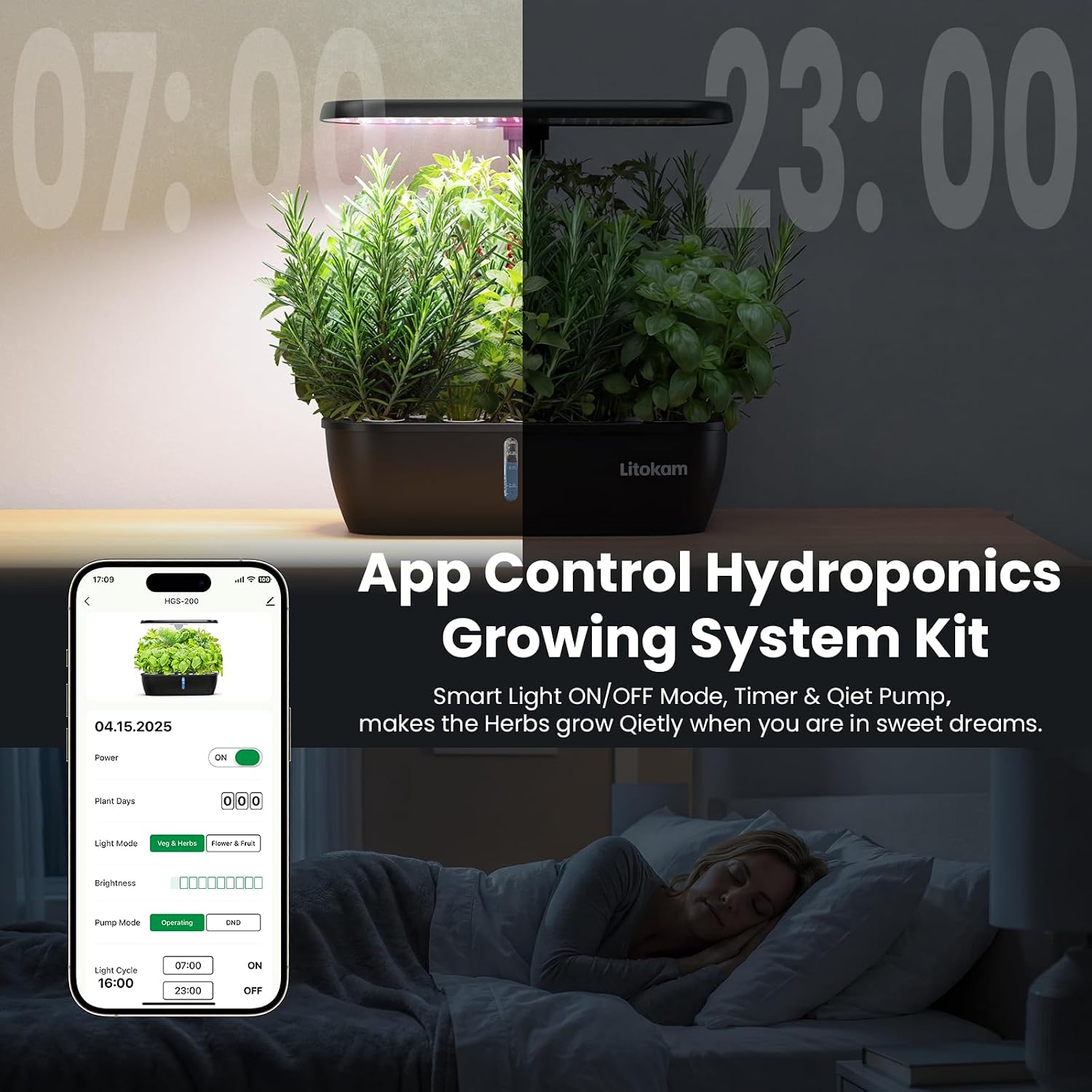 litokam Hydroponics Growing System Kit, 15 Pods Indoor Herb Garden with Smart APP & Quiet Pump, 24W LED Light, Auto