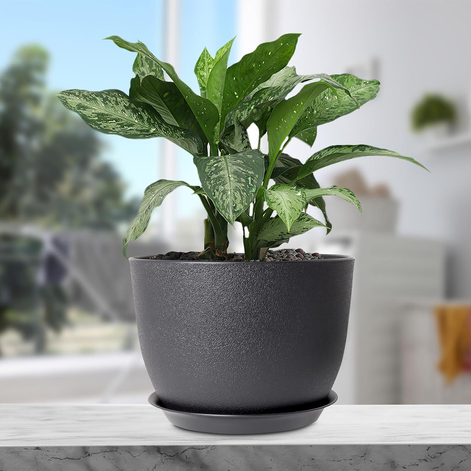 Meowell 12 inch Large Plant Pots, Plastic Planters with Drainage Holes and Saucers, Flower Pots for Indoor Outdoor