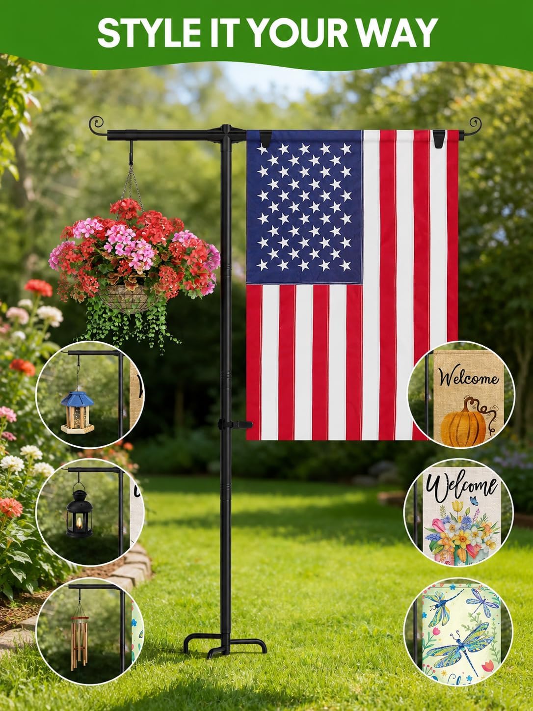Garden Flag Stand Holder 63" Stainless Steel Pole for 28 x 40 Flags | 3/4" Diameter with Shepherd Hooks and 4-Prong
