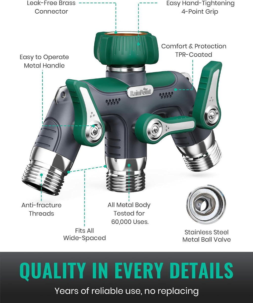 RAINPOINT 3 Way Hose Splitter, 100% Metal Heavy Duty Garden Hose Splitter With 1.9" Extra Long Handle & Individual Shut