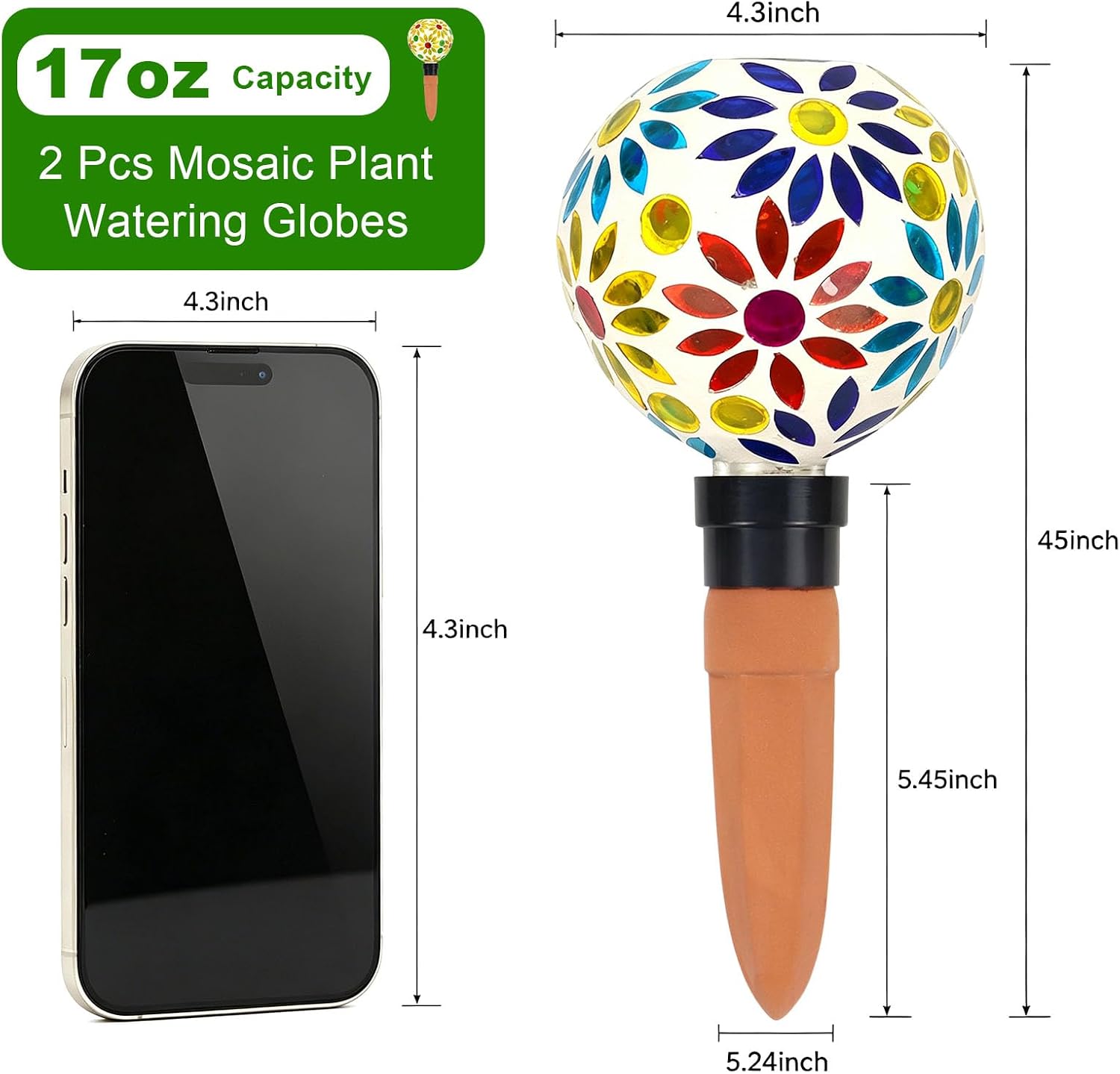 2 PCS Mosaic Plant Watering Globes with Terracotta Watering Spikes, 17oz Glass Self Watering Globes for Indoor &
