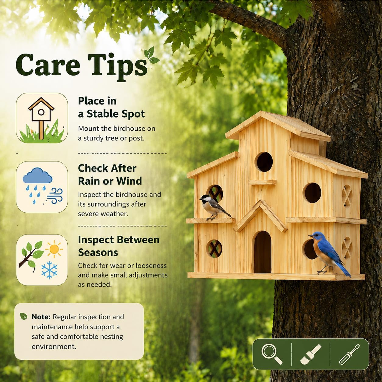 Bird Houses for Outside, 6-Holes Multi-Chamber Birdhouse for Finches Wrens Chickadees, 1.37" Entrance Holes, Decorative