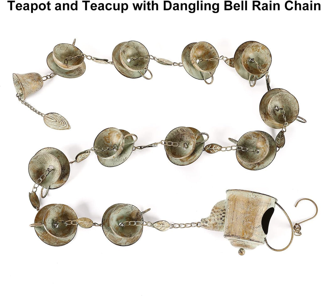 Jemeni 8.5Ft Teapot & Teacups Rain Chain, Rain Chains for Outside | Rain Chain for Gutters, Decorative Downspout
