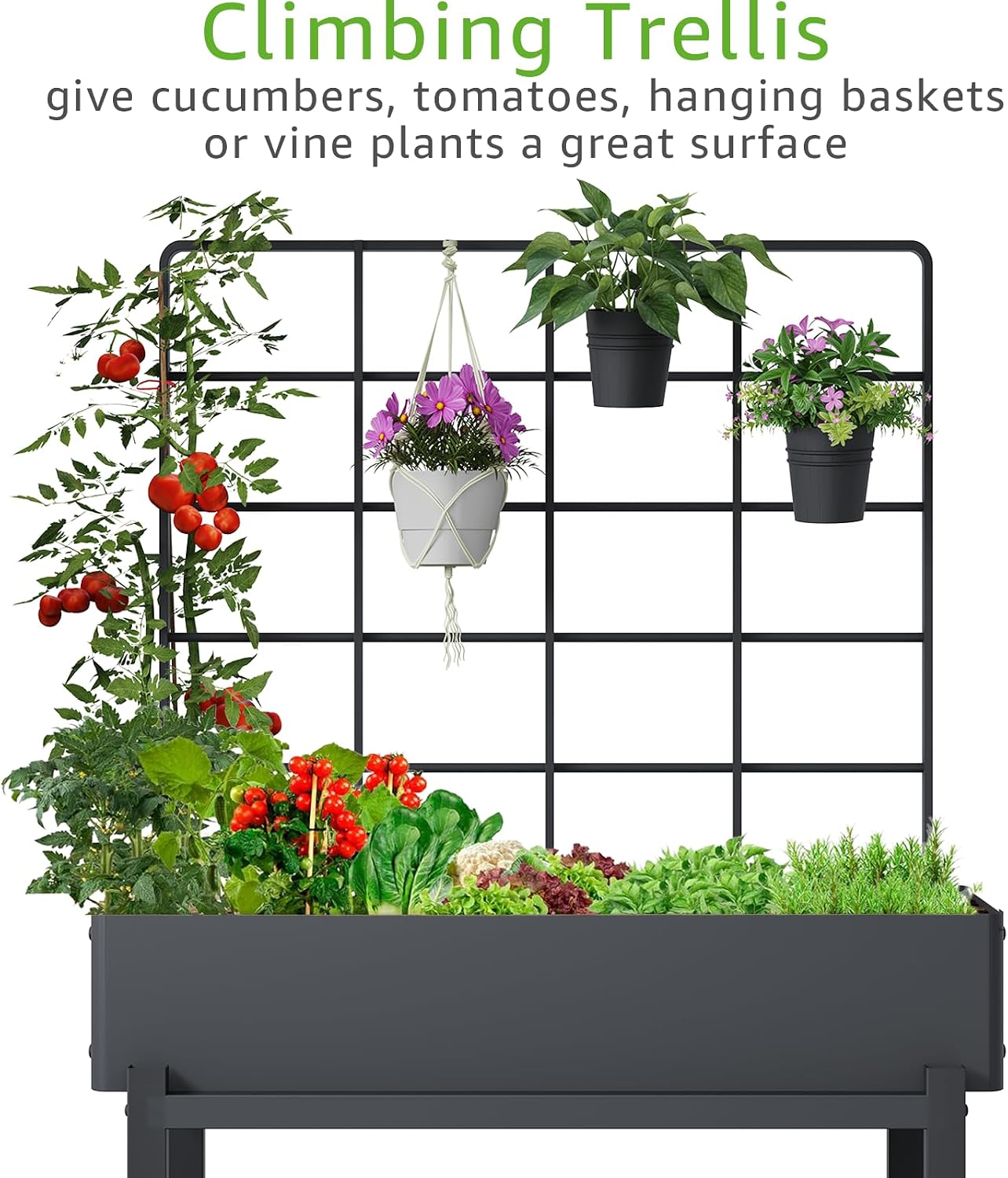 Metal Raised Garden Bed with Trellis & Legs | 2-tier shelf, 3 flower pots, 36" tall no-bend, rust-resistant, ideal for