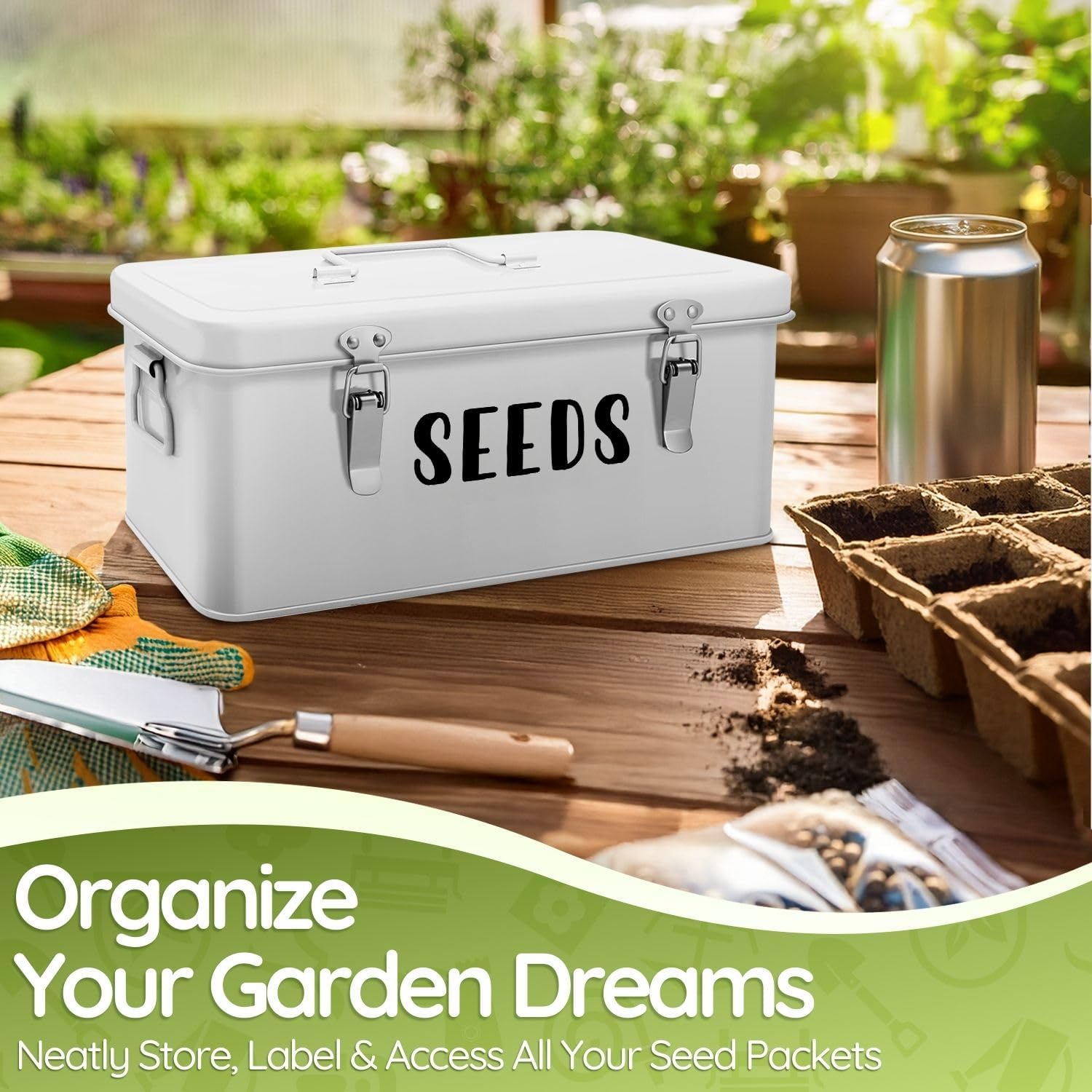 Flexzion Metal Seed Storage Organizer Box, 4 Compartments, 12 Inch, White | Seed Packet Organizer with Hinged Lid, Dual